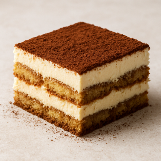 Layered dessert with cream and cake on a light background